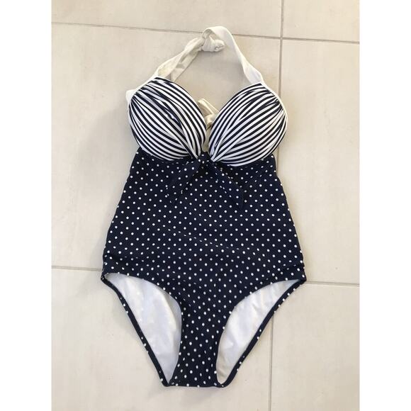 Beach Joy One Piece Swimsuit Halter Polka Dot Striped - Picture 1 of 9